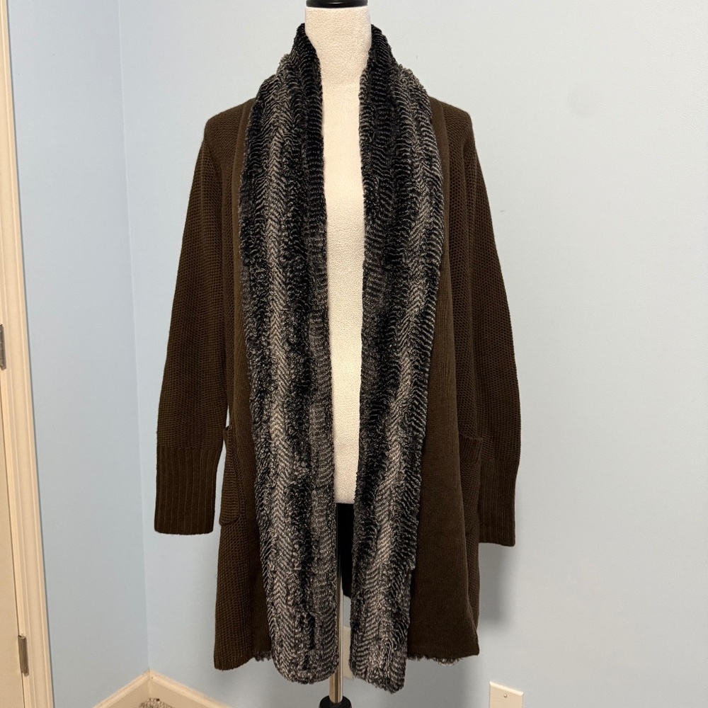 Soft Surroundings Beaumont Faux Fur Trim Brown Open Front Cardigan Size S